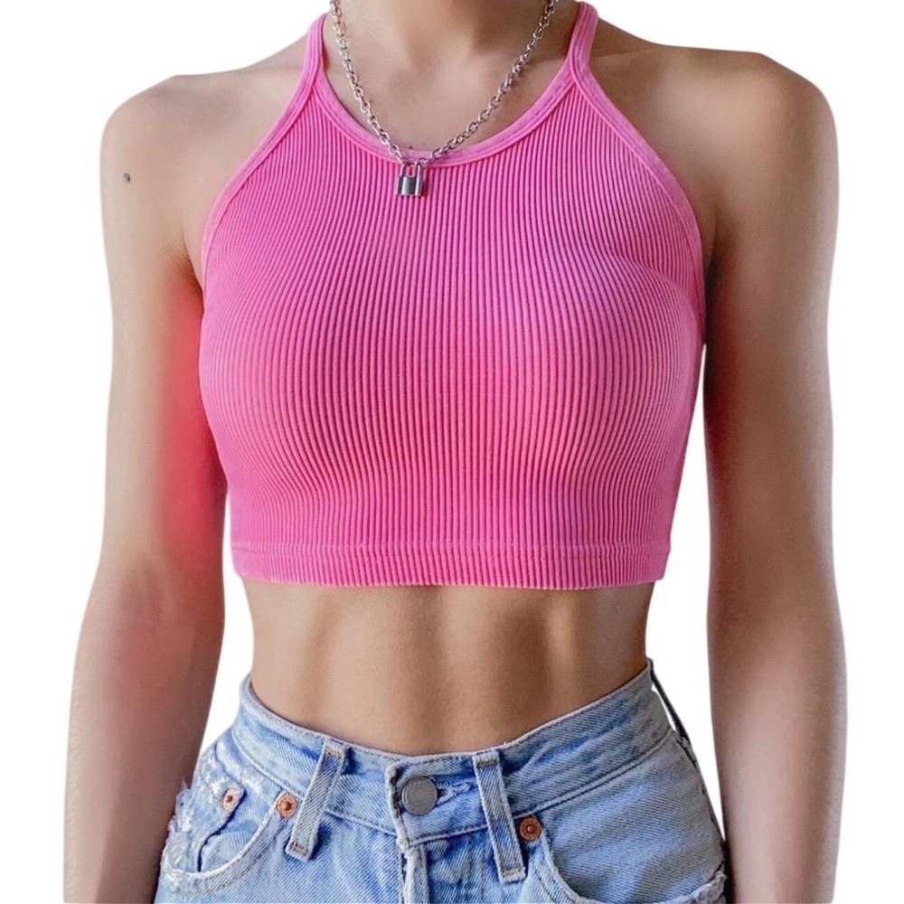 Free People Movement Happiness Runs Pink‎ Ribbed Halter Crop Tank Top M/L